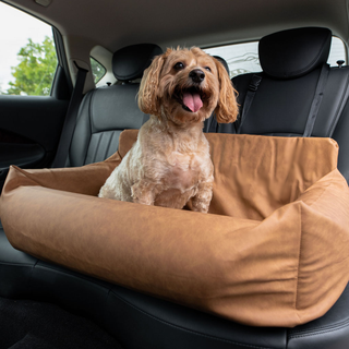 PupProtector™ Vegan Leather Memory Foam Dog Car Bed – Camel
