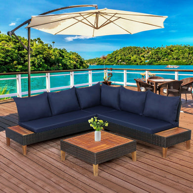 4-Piece Cushioned PE Rattan Patio Furniture Set with Acacia Wood Tables
