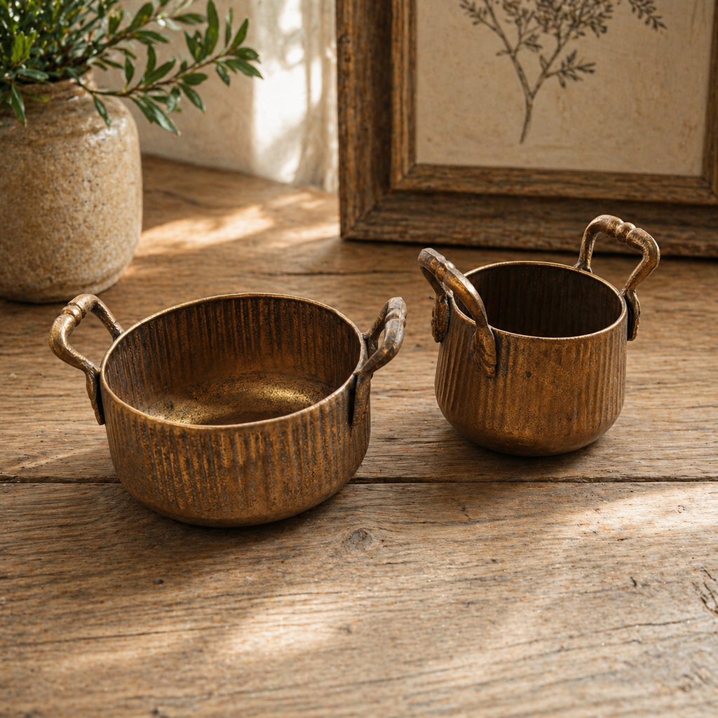 Set of 2 Vintage Ribbed Metal Planters with Rustic Handles