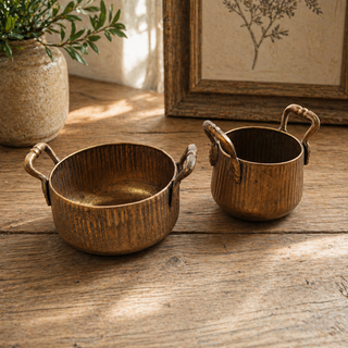 Set of 2 Vintage Ribbed Metal Planters with Rustic Handles