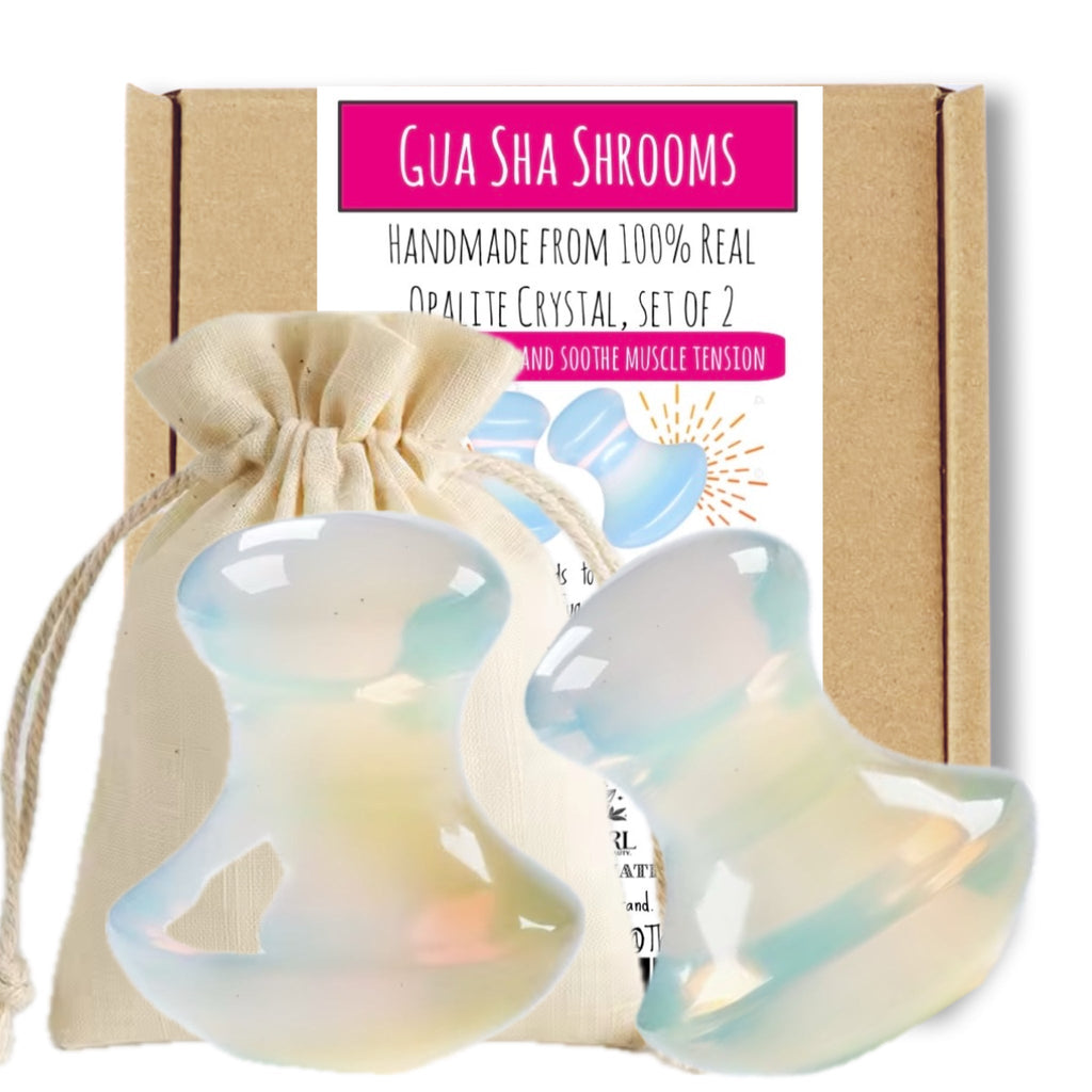 Opalite Gua Sha Mushrooms – Crystal Facial & Body Massage Set