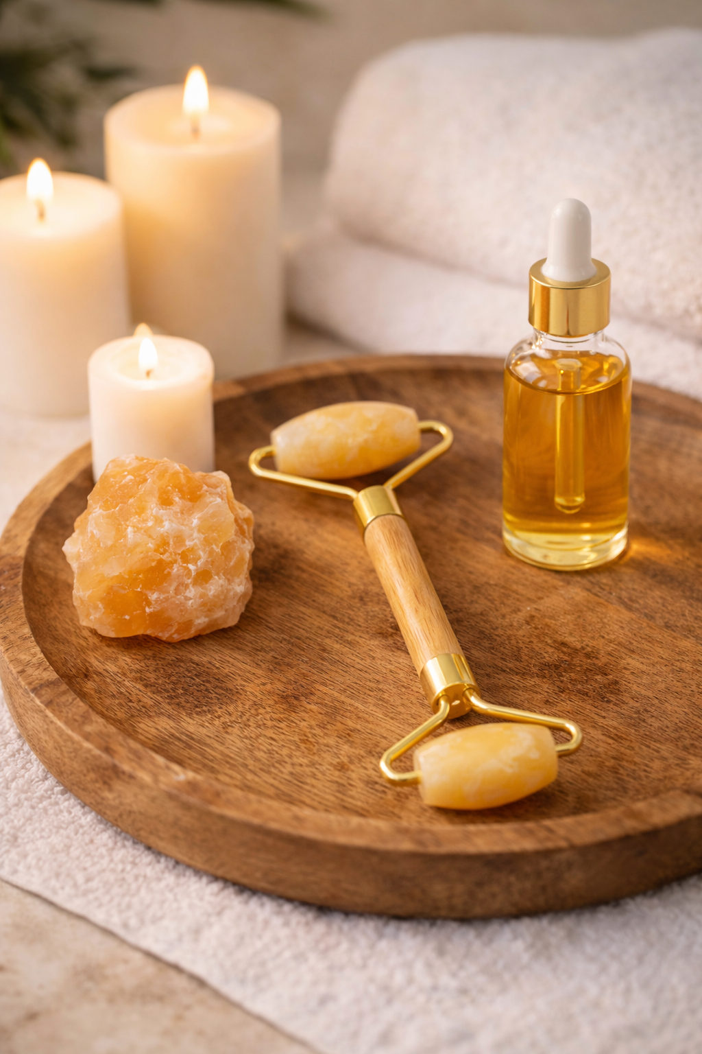Orange Calcite Facial Roller – Natural Stone Roller with Bamboo Handle