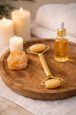 Orange Calcite Facial Roller – Natural Stone Roller with Bamboo Handle