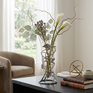 Elegant Glass Vase with Sculptural Silver Leaf Base