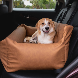 PupProtector™ Vegan Leather Memory Foam Dog Car Bed – Camel