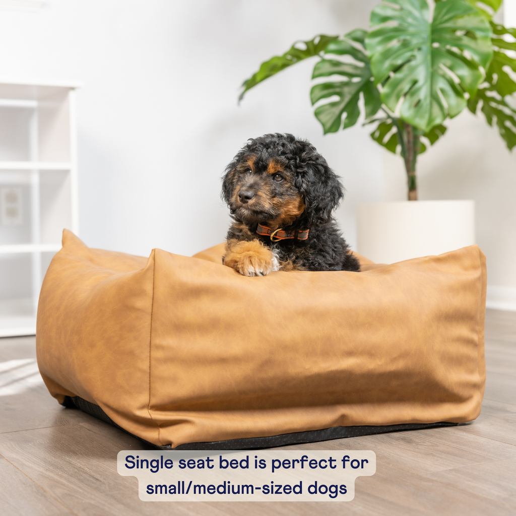 PupProtector™ Vegan Leather Memory Foam Dog Car Bed – Camel