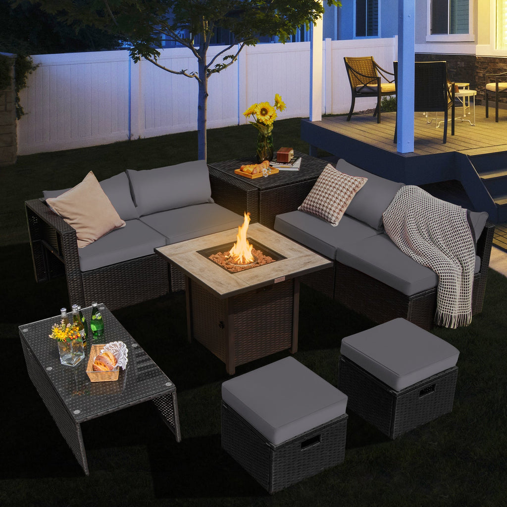 9-Piece PE Rattan Outdoor Sectional Sofa Set with 42-Inch Gas Fire Pit Table