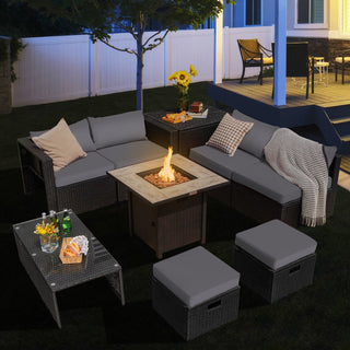 9-Piece PE Rattan Outdoor Sectional Sofa Set with 42-Inch Gas Fire Pit Table