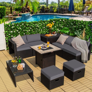 9-Piece PE Rattan Outdoor Sectional Sofa Set with 42-Inch Gas Fire Pit Table