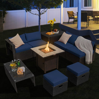 9-Piece PE Rattan Outdoor Sectional Sofa Set with 42-Inch Gas Fire Pit Table