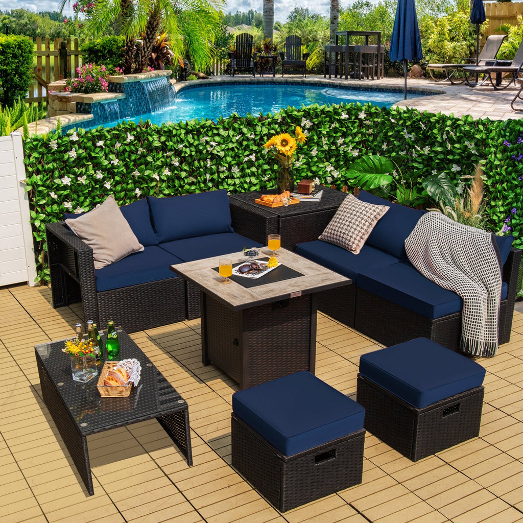 9-Piece PE Rattan Outdoor Sectional Sofa Set with 42-Inch Gas Fire Pit Table