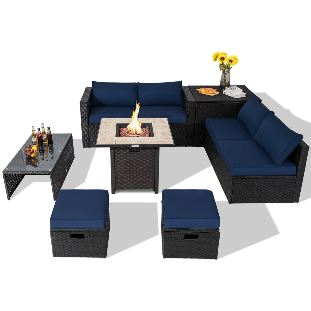 9-Piece PE Rattan Outdoor Sectional Sofa Set with 42-Inch Gas Fire Pit Table