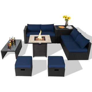 9-Piece PE Rattan Outdoor Sectional Sofa Set with 42-Inch Gas Fire Pit Table