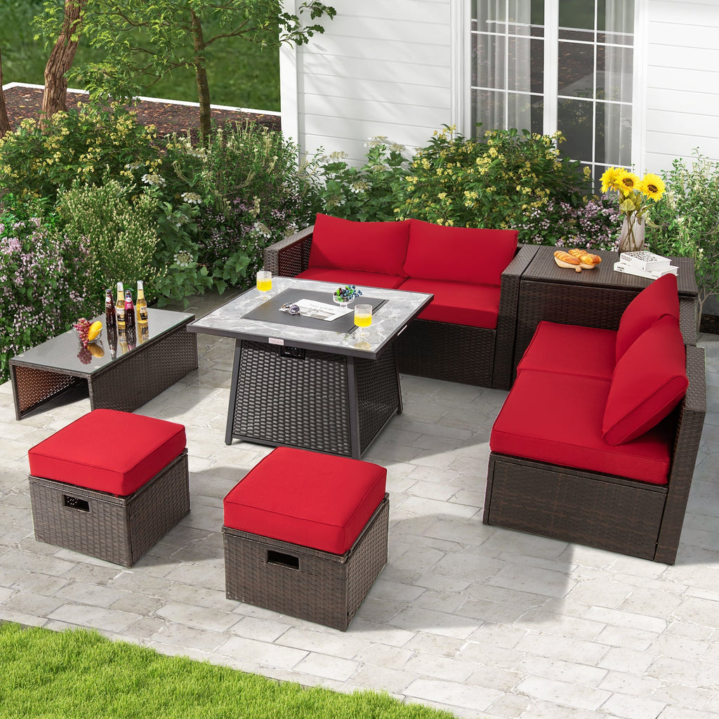 9-Piece Mixed Brown PE Wicker Sectional Set with 50,000-BTU Fire Pit Table