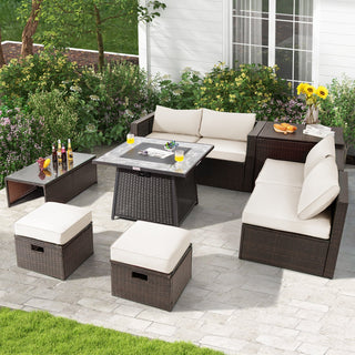 9-Piece Mixed Brown PE Wicker Sectional Set with 50,000-BTU Fire Pit Table
