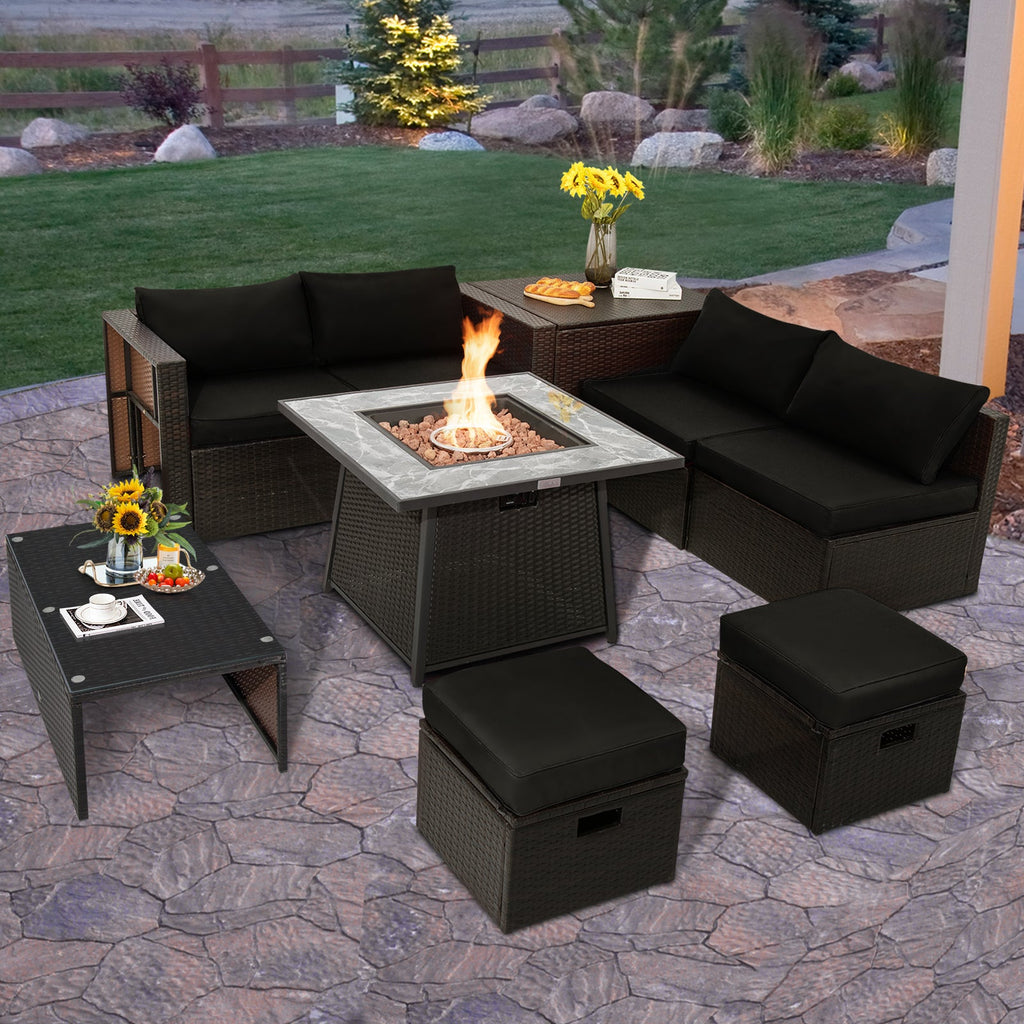 9-Piece Mixed Brown PE Wicker Sectional Set with 50,000-BTU Fire Pit Table