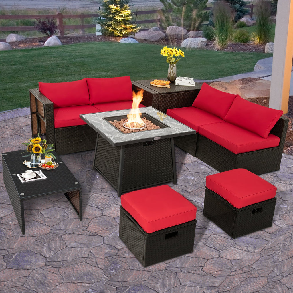 9-Piece Mixed Brown PE Wicker Sectional Set with 50,000-BTU Fire Pit Table