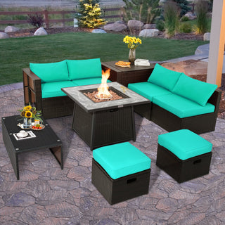 9-Piece Mixed Brown PE Wicker Sectional Set with 50,000-BTU Fire Pit Table