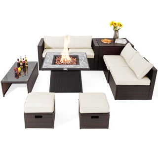 9-Piece Mixed Brown PE Wicker Sectional Set with 50,000-BTU Fire Pit Table
