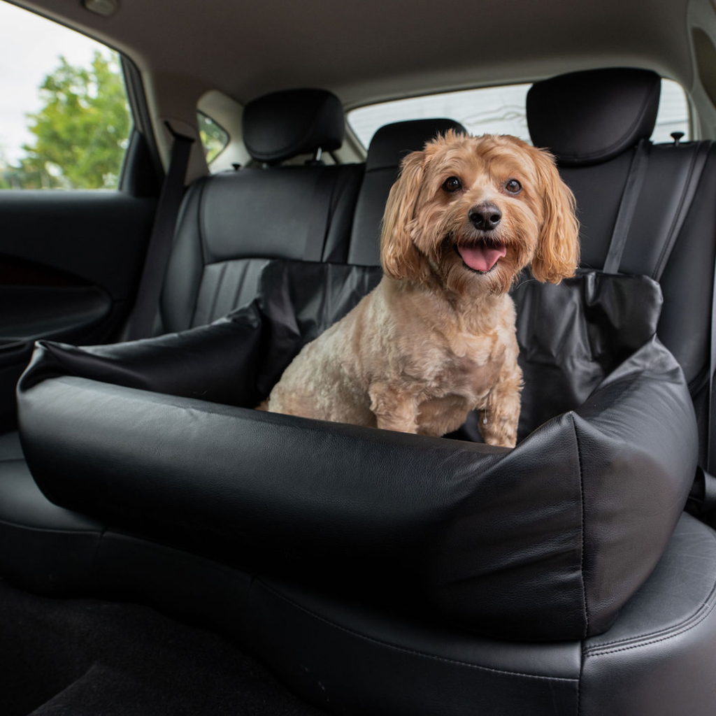 PupProtector™ Cool-to-Touch Vegan Leather Memory Foam Dog Car Bed – Black