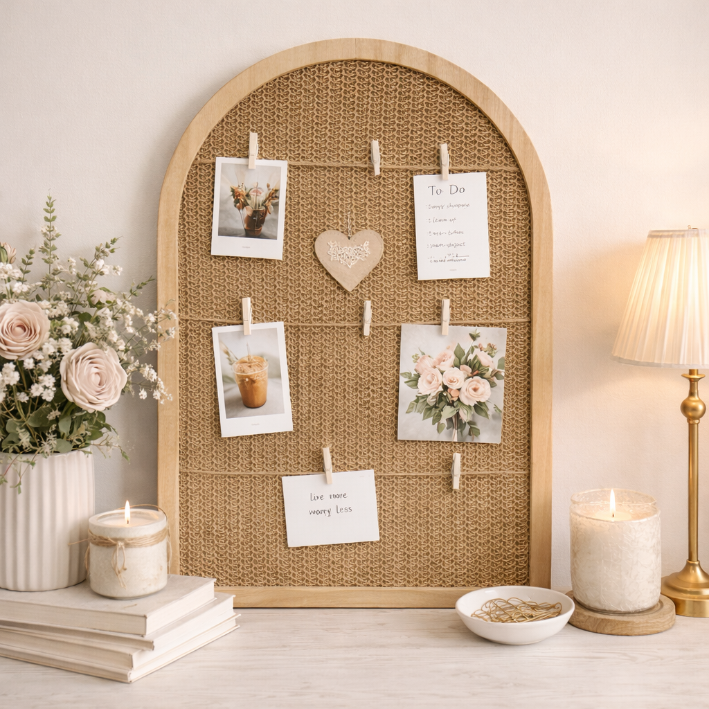 Arched Rattan and Wood Photo Display Board with Clips