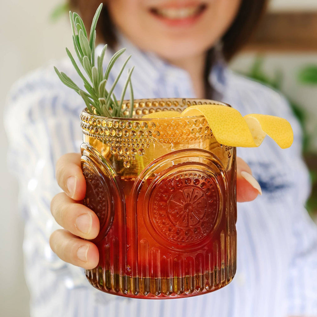 Vintage Amber Drinking Glasses – Ribbed Retro Floral, 10 oz, Set of 6