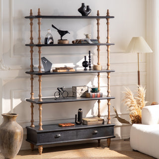Tall Wood Open Display Shelf with Drawer Storage