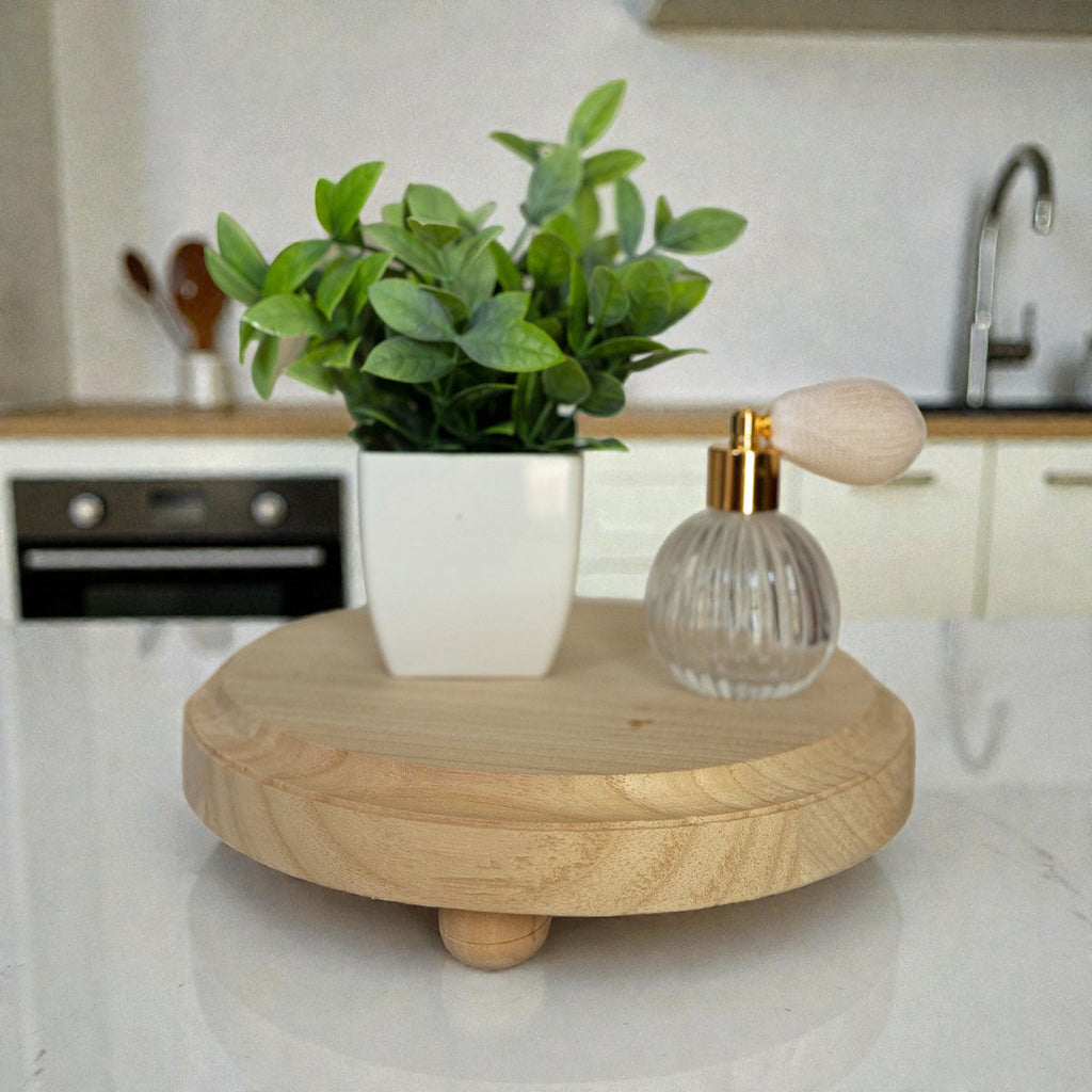 Round Wooden Pedestal Tray – Rustic or Natural Paulownia Wood Display Stand