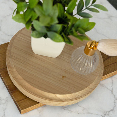 Round Wooden Pedestal Tray – Rustic or Natural Paulownia Wood Display Stand