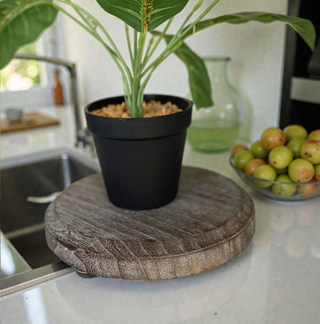 Round Wooden Pedestal Tray – Rustic or Natural Paulownia Wood Display Stand
