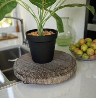 Round Wooden Pedestal Tray – Rustic or Natural Paulownia Wood Display Stand