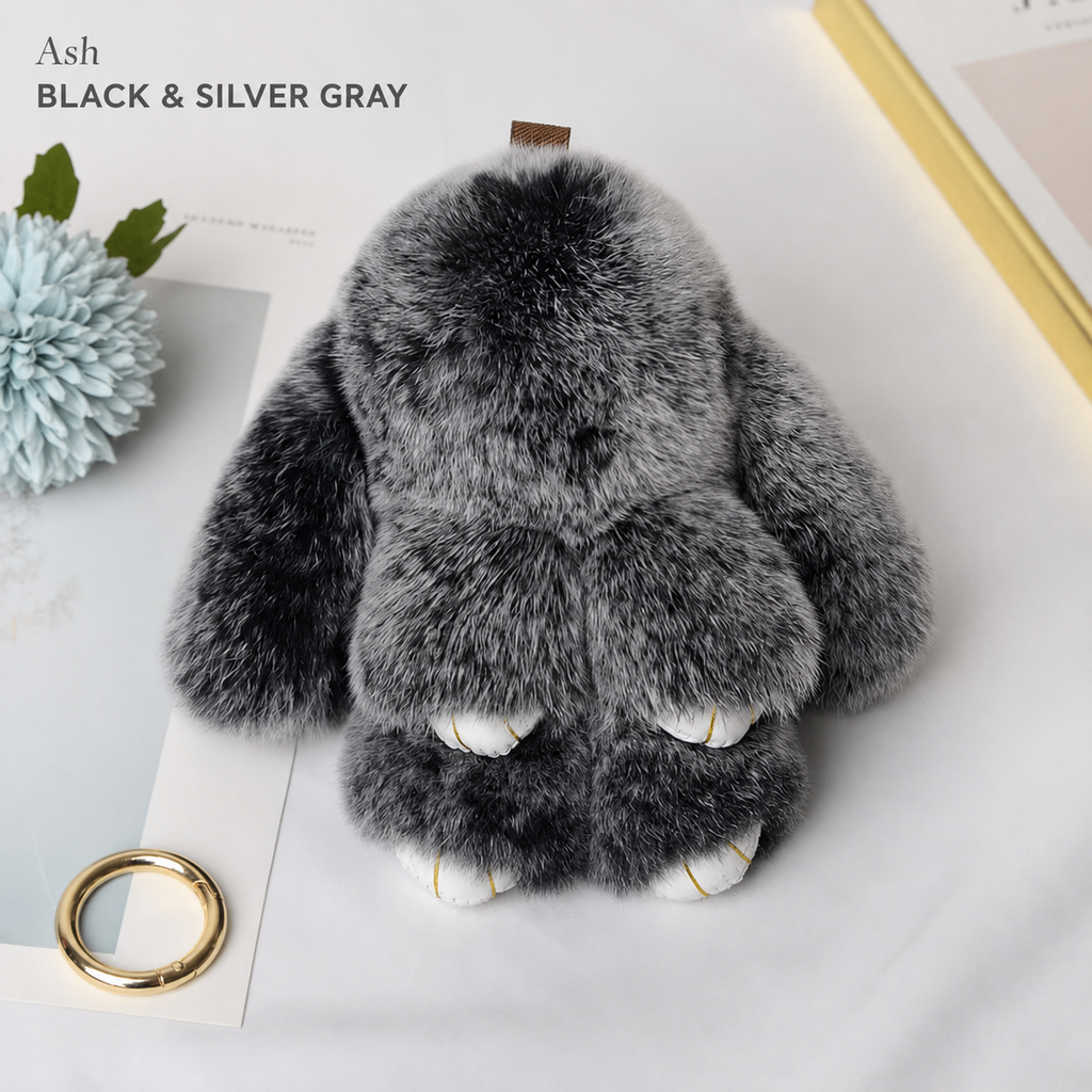 Bunny Lulu Rex Fur Key Chain Gift Set with Vintage Tin or Drawstring Bag