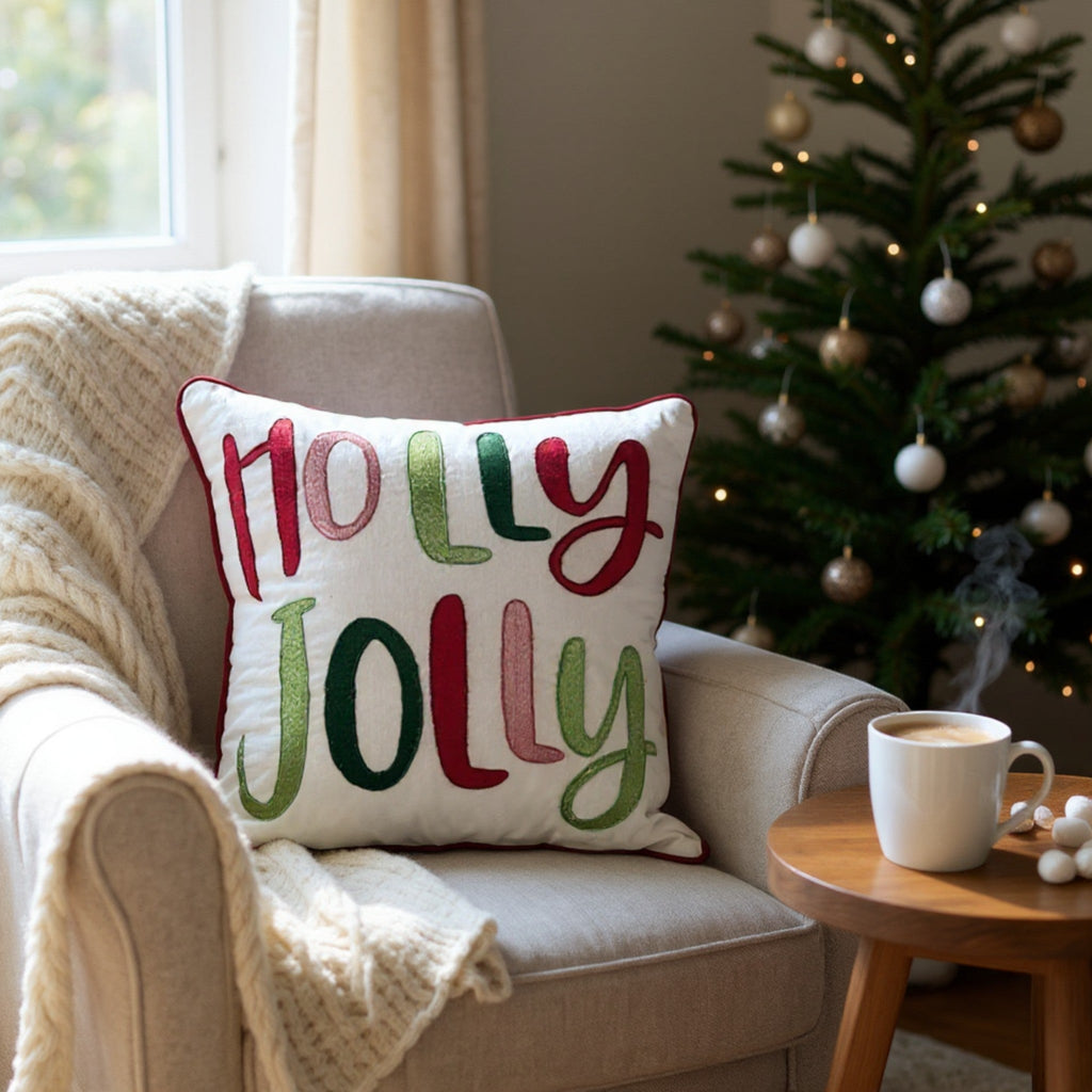 Holly Jolly Embroidered Christmas Pillow – Holiday Collection