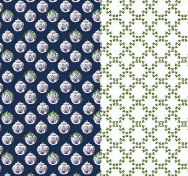 Reversible Navy Ginger Jar & Green Trellis Gift Wrap | Elegant Double-Sided Wrap