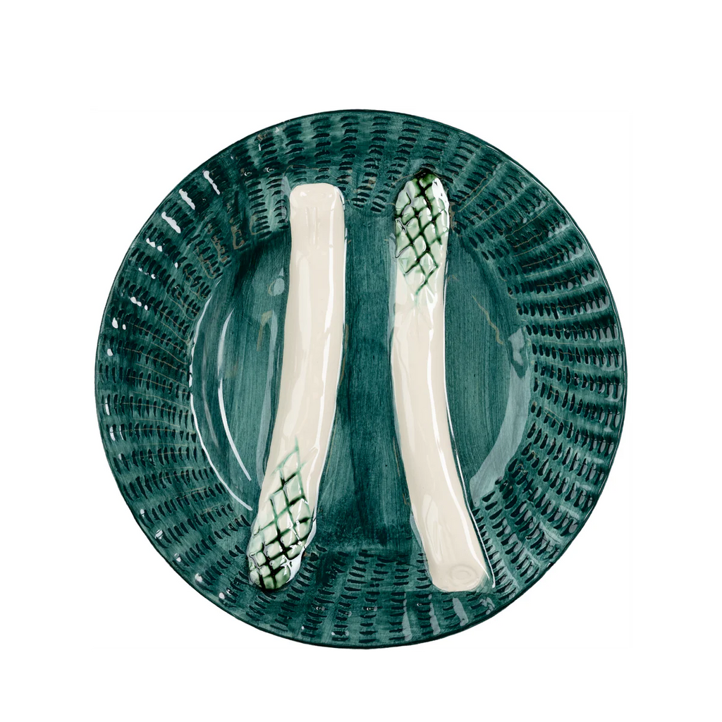 Asparagus Plates Set of 2 – Hand-Painted Portuguese Majolica Style Plates in Turquoise, Green & White
