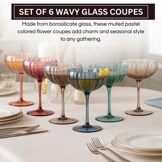 Muted Flower Coupe Cocktail Glasses Set of 6 – Elegant Colored Drinkware for Home Bar