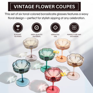 Muted Flower Coupe Cocktail Glasses Set of 6 – Elegant Colored Drinkware for Home Bar
