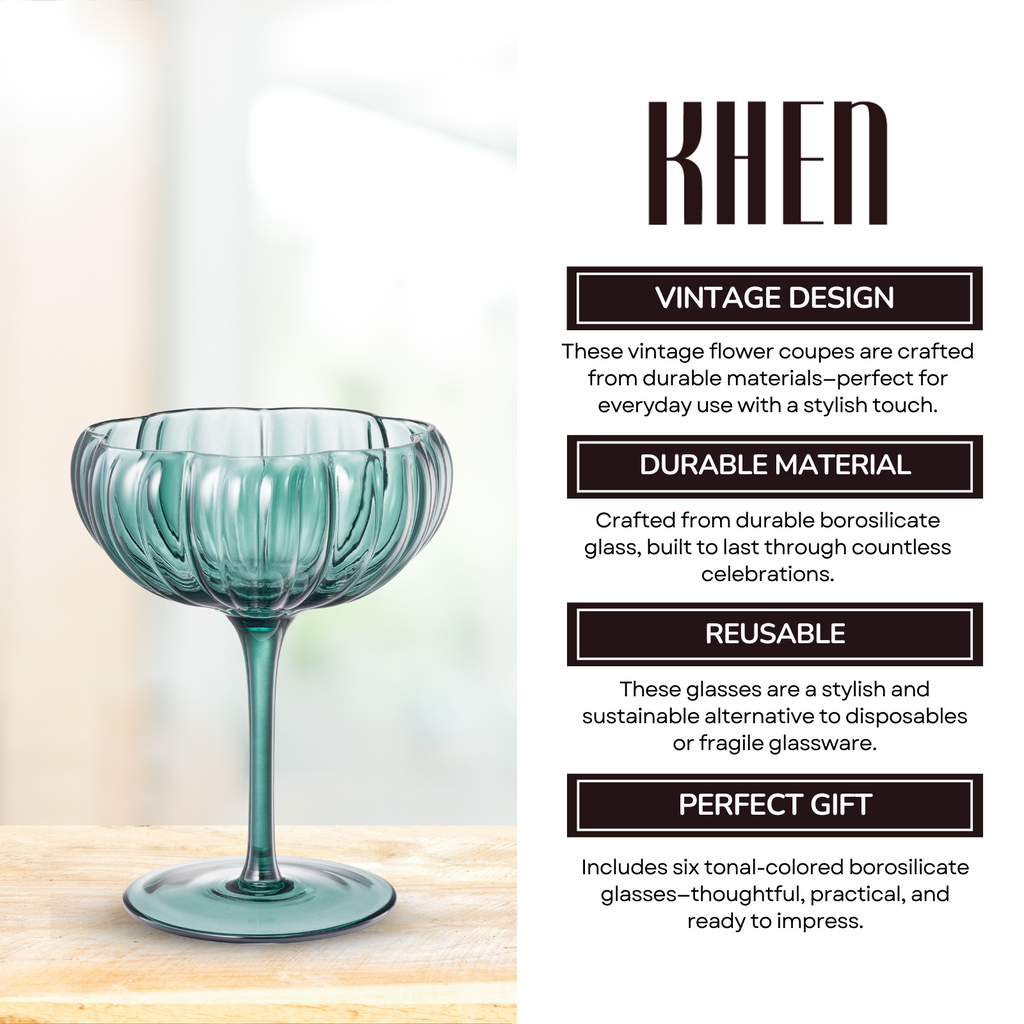 Muted Flower Coupe Cocktail Glasses Set of 6 – Elegant Colored Drinkware for Home Bar