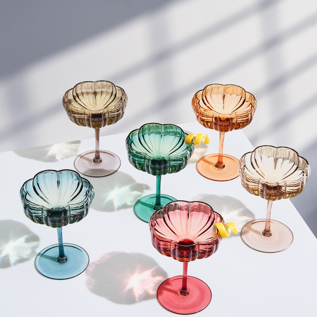 Muted Flower Coupe Cocktail Glasses Set of 6 – Elegant Colored Drinkware for Home Bar