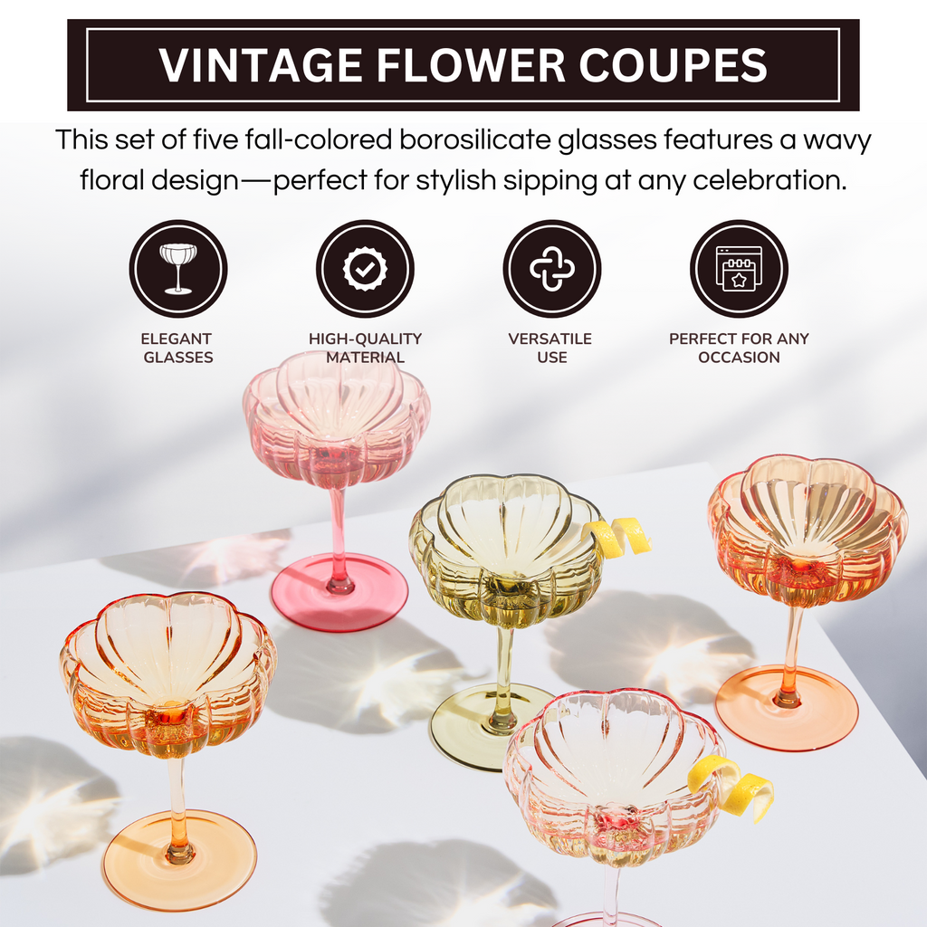 Flower Coupe Cocktail Glasses Set of 4 – Bright Colored Glassware for Cocktails & Entertaining