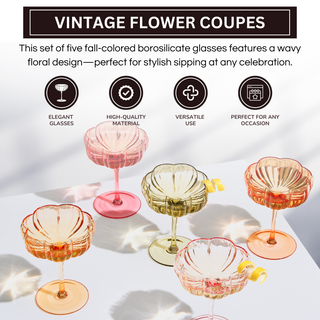 Flower Coupe Cocktail Glasses Set of 4 – Bright Colored Glassware for Cocktails & Entertaining