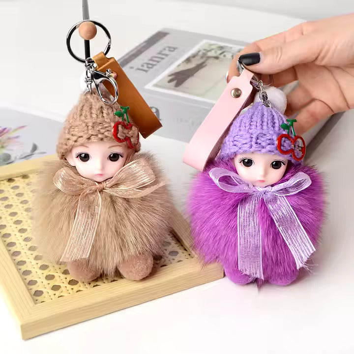 Luxury Custom Real Fox Fur Sleeping Doll Keychain – Cute Plush DIY Jewelry & Handbag Ornament