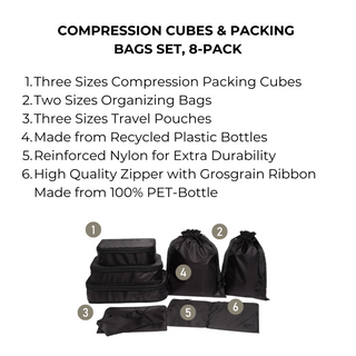 Compression Packing Cubes & Packing Bags – Recycled Nylon – 8-pack – Black