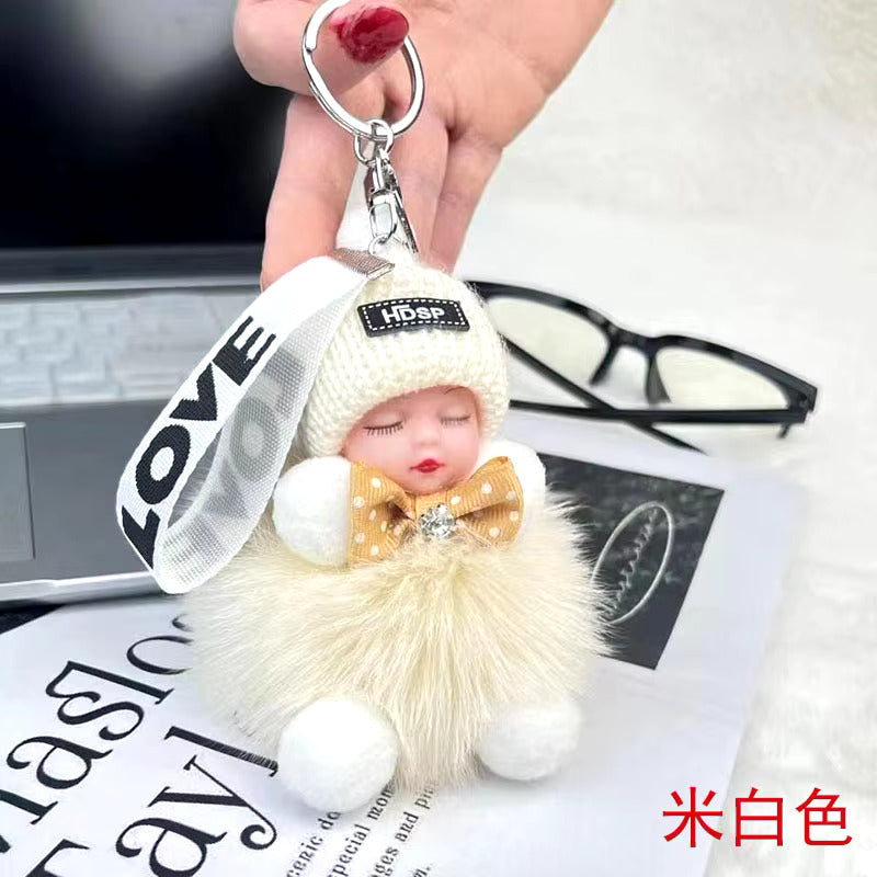 New Style Real Fox Fur Ball Pendant with Cute Sleeping Doll and Bowtie