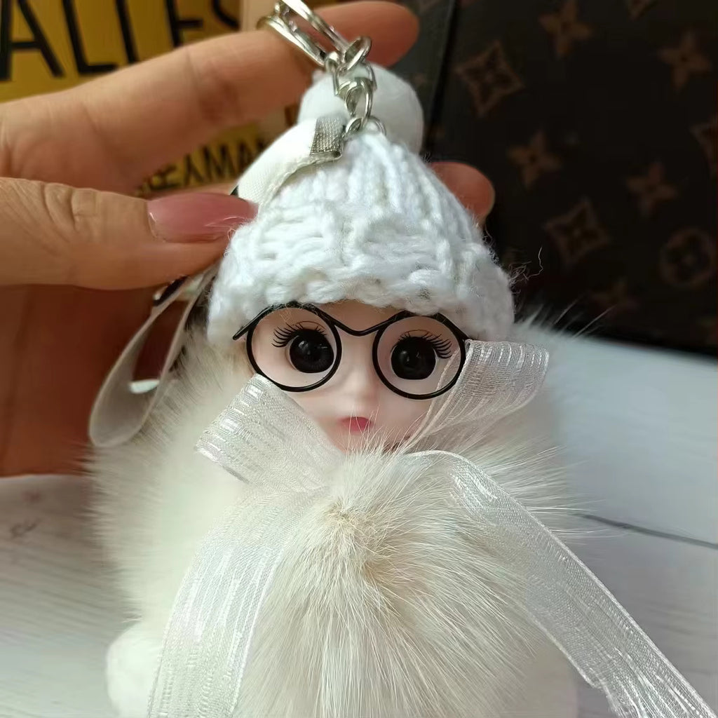 Cute Plush 3D Sleeping Baby Dolls Keychain Bag Charms with Fox Fur Pompoms