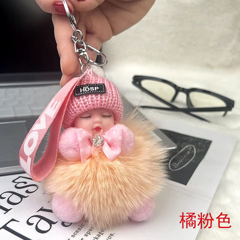 New Style Real Fox Fur Ball Pendant with Cute Sleeping Doll and Bowtie