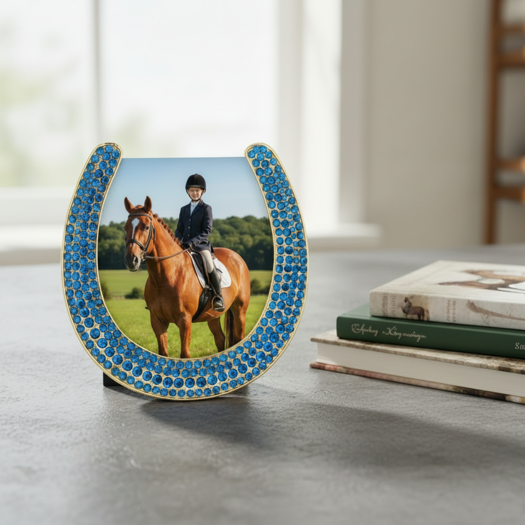 Horseshoe Picture Frame with Capri Blue Crystals, Gold