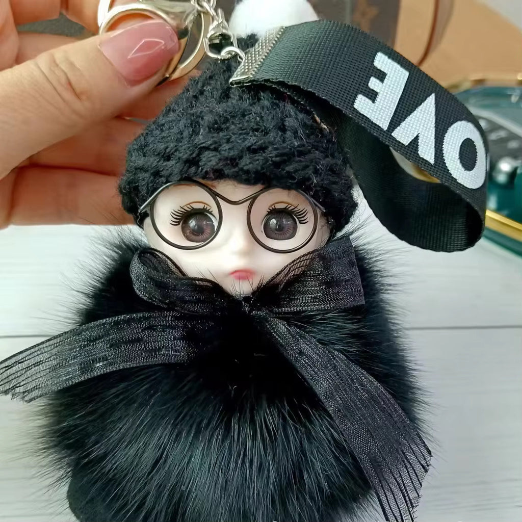 Cute Plush 3D Sleeping Baby Dolls Keychain Bag Charms with Fox Fur Pompoms