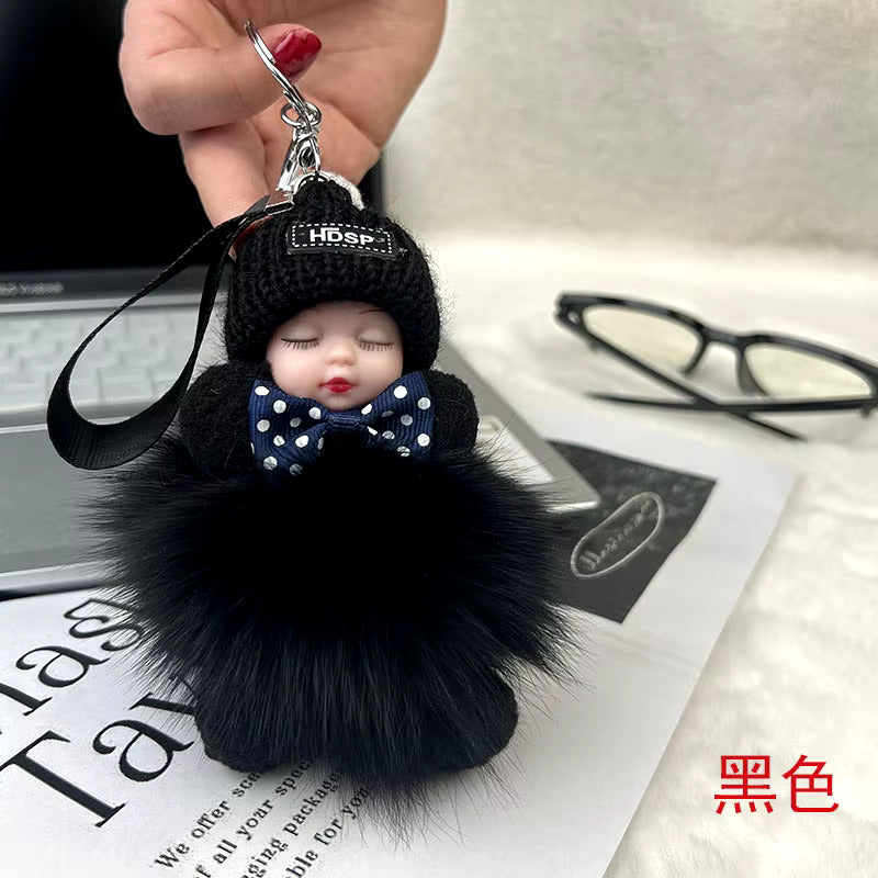 New Style Real Fox Fur Ball Pendant with Cute Sleeping Doll and Bowtie