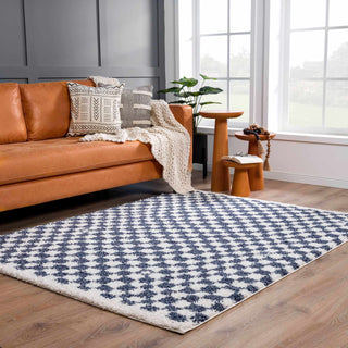 Kieu Blue White Checkered Area Rug – Modern Patterned Washable Carpet